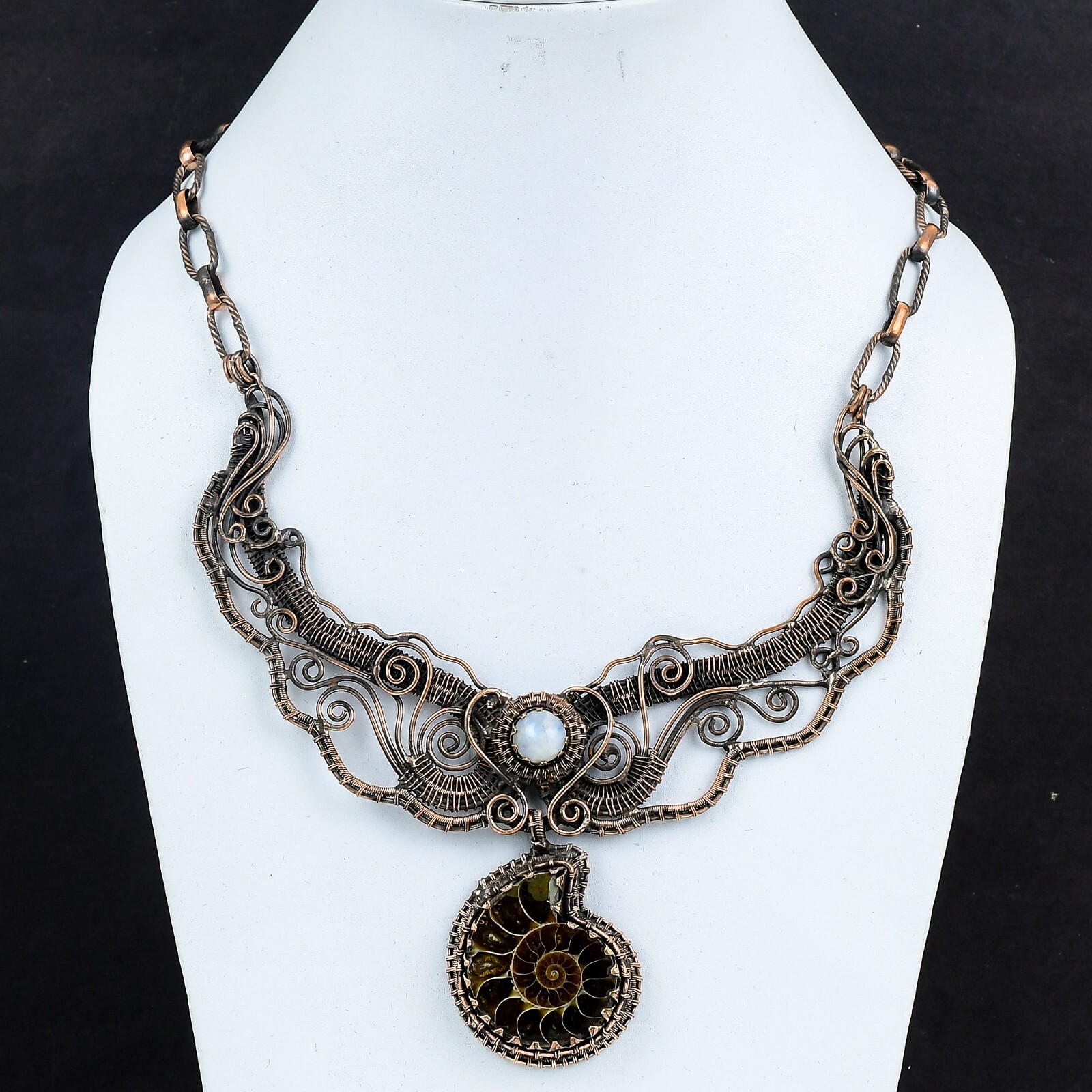Ammonite Fossil Copper Gift For Mom Wire Wrapped Chain Adjustable Necklace 18.0″