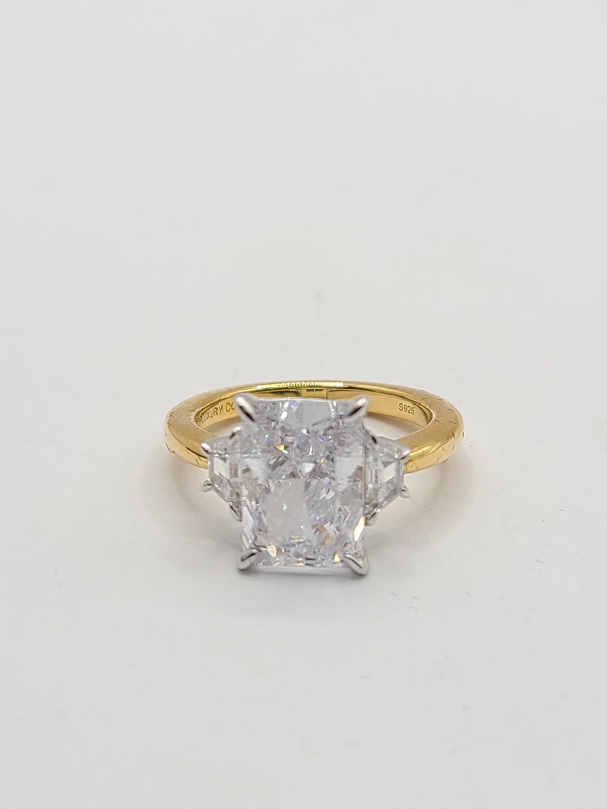 C&C LUXURY CO. THREE STONE RADIANT RING 18K GOLD OVER 925 SZ 4