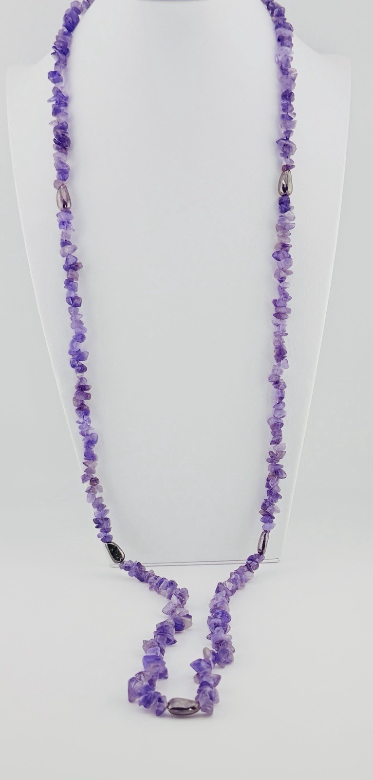Amethyst Chip Necklace 39.5” Long Strand Hematite Beads 925 Sterling Clasp