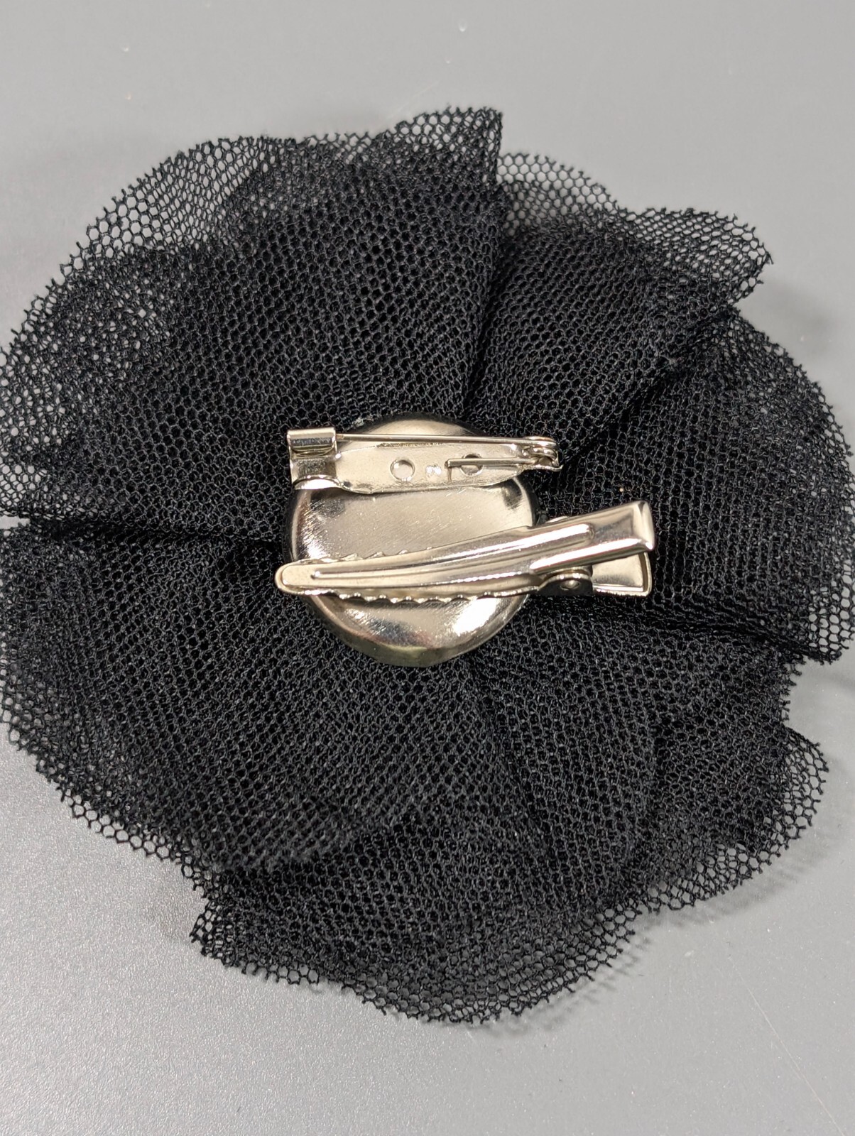 Vintage 90s Y2K Retro Black Lace Rosette Flower Chiffon Faux Pearl Pin Fabric