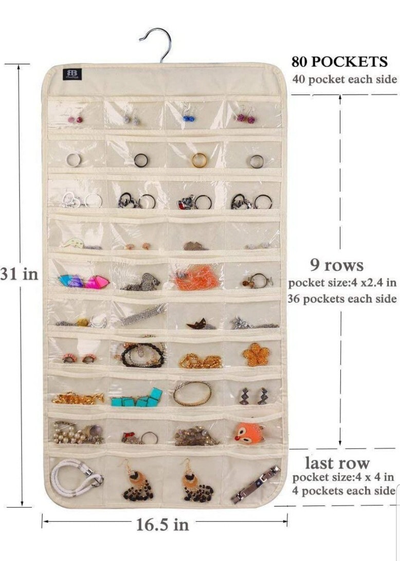 80 Pocket Hanging Jewelry Organizer, Dual Side Accessories Organizer