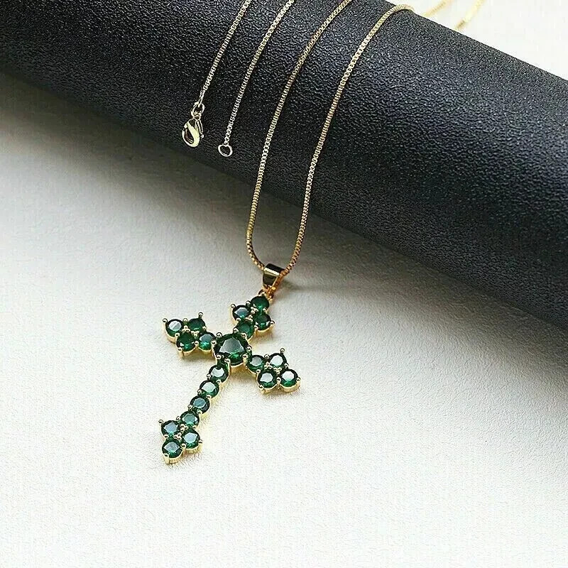 2Ct Round Cut Green Emerald Cross Women’s Pendant Necklace 14K Yellow Gold Over