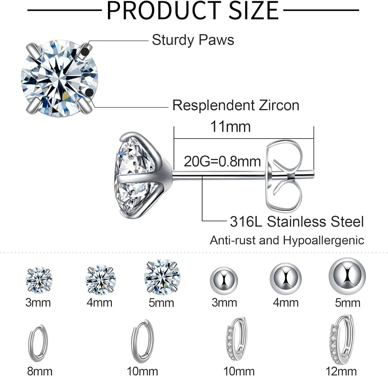 Surgical Steel Small Huggie Hoop CZ Stud Earrings Set for Women