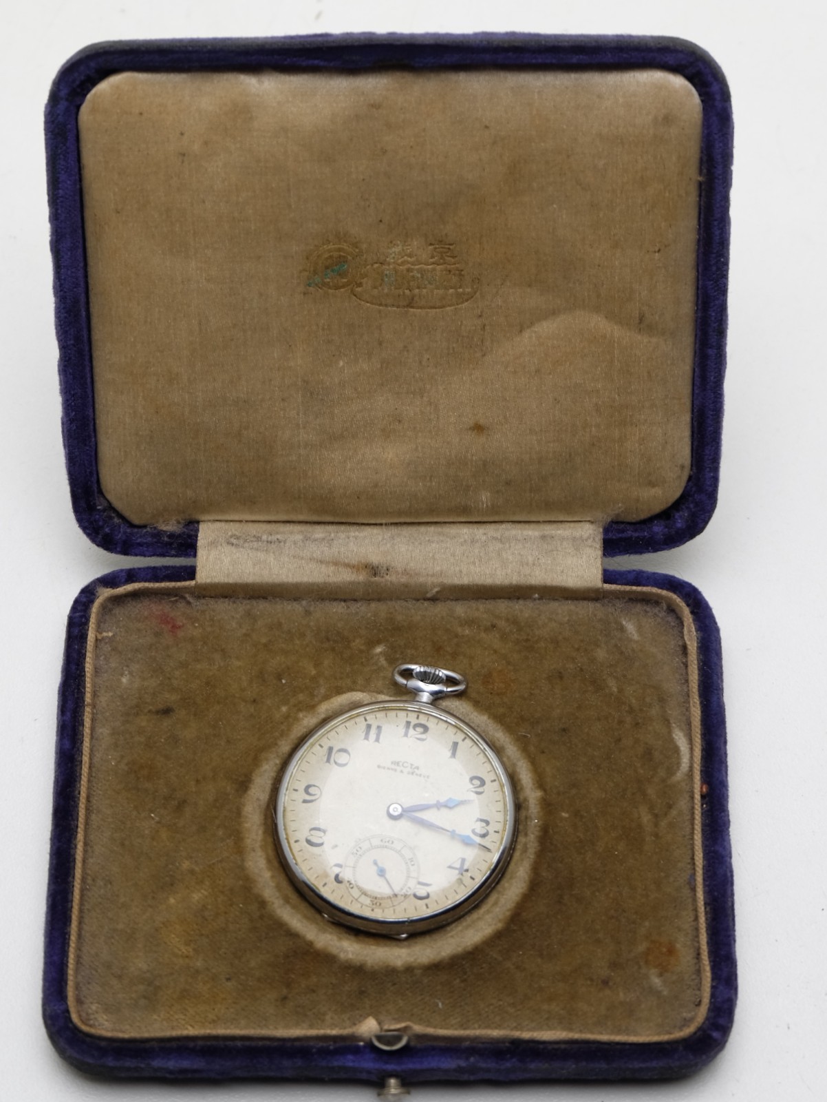 Recta Bienne &Geneve Vintage Pocket Watch BLUE JEWELS ! RARE! Works 23 Hours!
