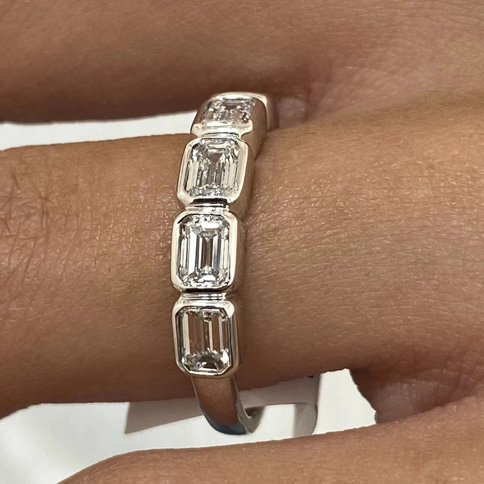 1 Carat 14k White Gold Diamond Band Wedding Emerald Cut Lab Grown VVS E F CVD