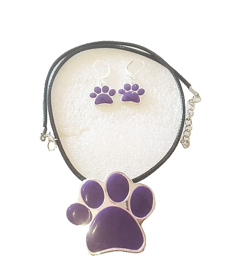 Purple Paw Print Necklace + Earrings + Pin Silver-tone Dog Cat Black Cord
