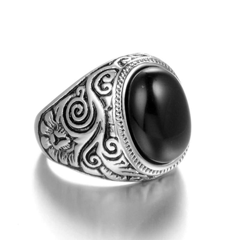 MENDEL Stainless Steel Mens Oval Black Onyx Ring Size 7 8 9 10 11 12 13 14 15