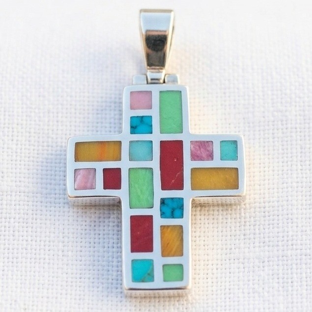 Vintage Sterling Silver Multi-Stone Inlay Cross Pendant Southwestern Jewelry