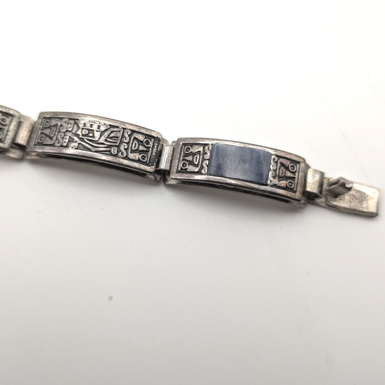 Vintage Peru 950 Silver Sodalite Link Bracelet Pre-Columbian Inca Relief 7 Inch
