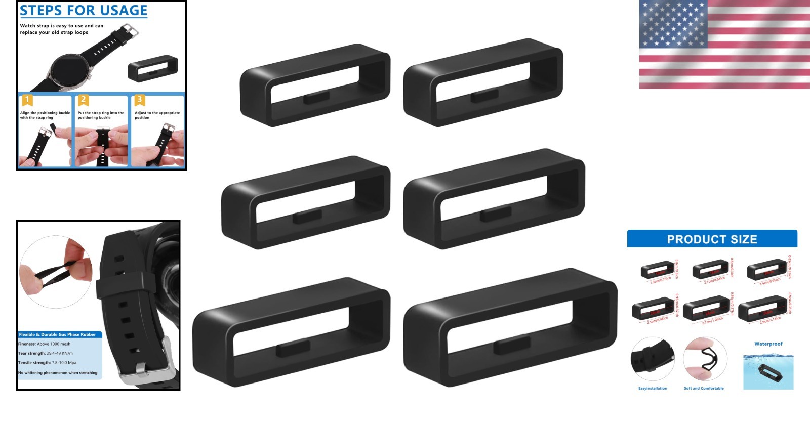 Flexible Black Watch Strap Loops (6-Piece Set) – Sizes 16mm to 26mm for Easy Fit