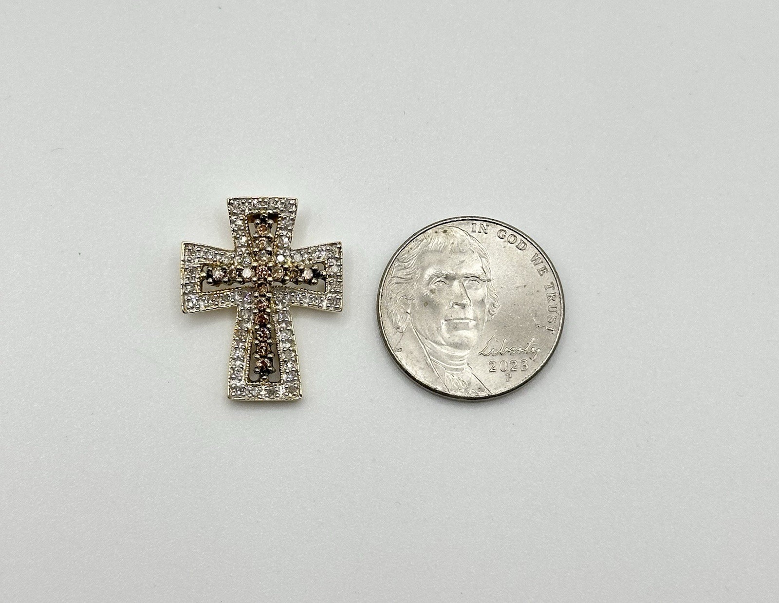 .72ctw Natural Chocolate & White Diamond Cross Pendant 14k Yellow Gold 3.2 Grams