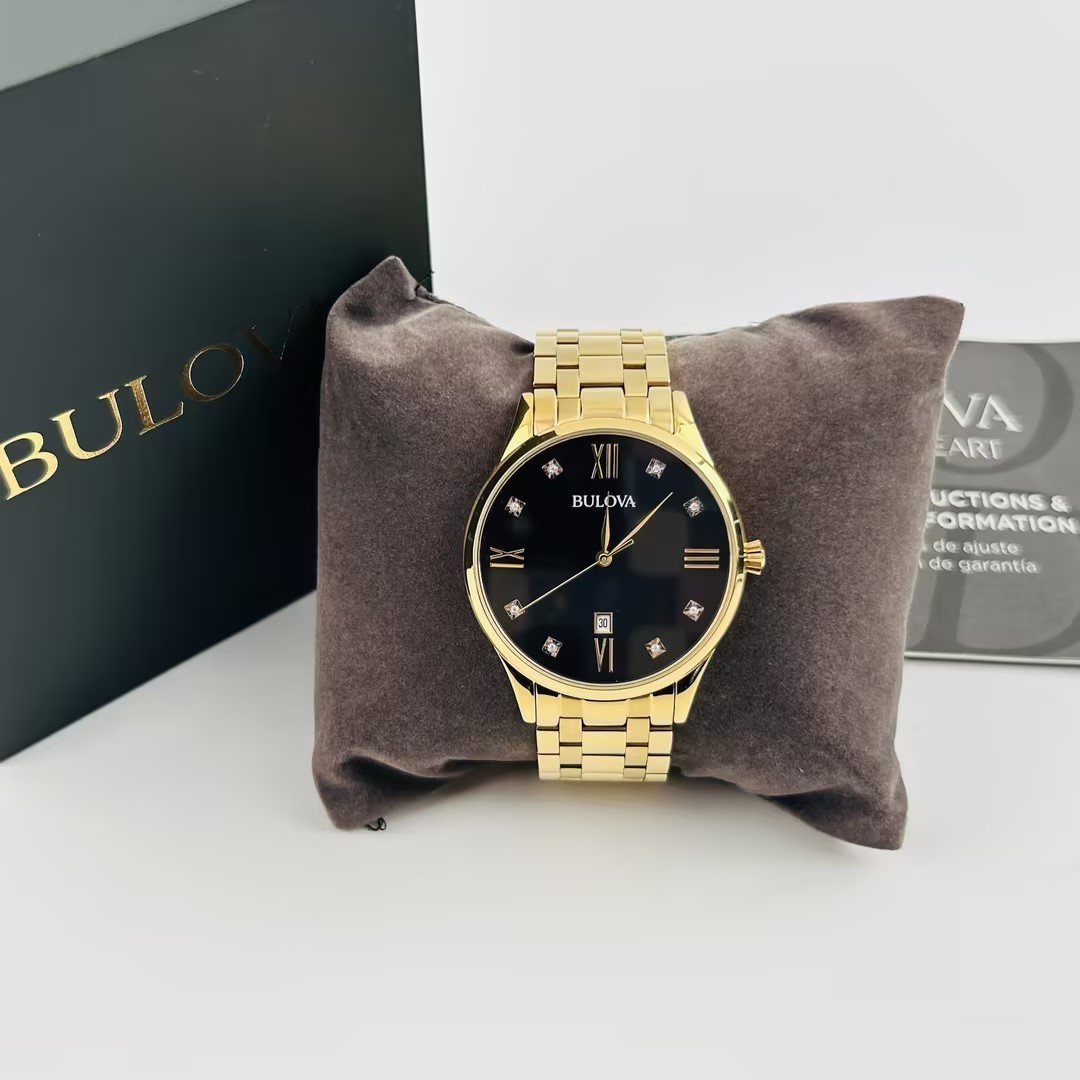 Bulova 97D108 Diamond Black Dial Gold-Tone Bracelet Men’s Quartz Watch New 40mm