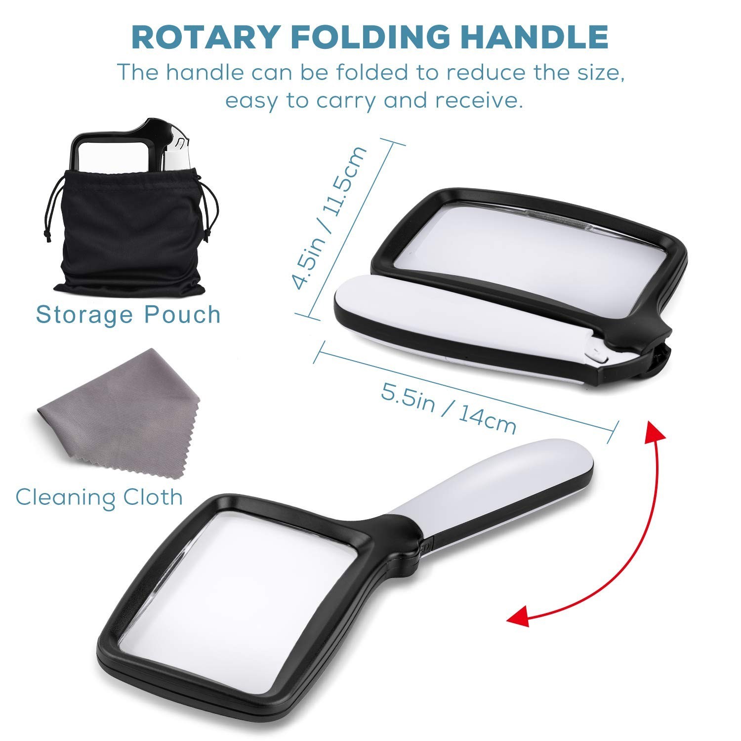 5X Folding Handheld Magnifying Glass with LED Light – Large Rectangle Magnifier