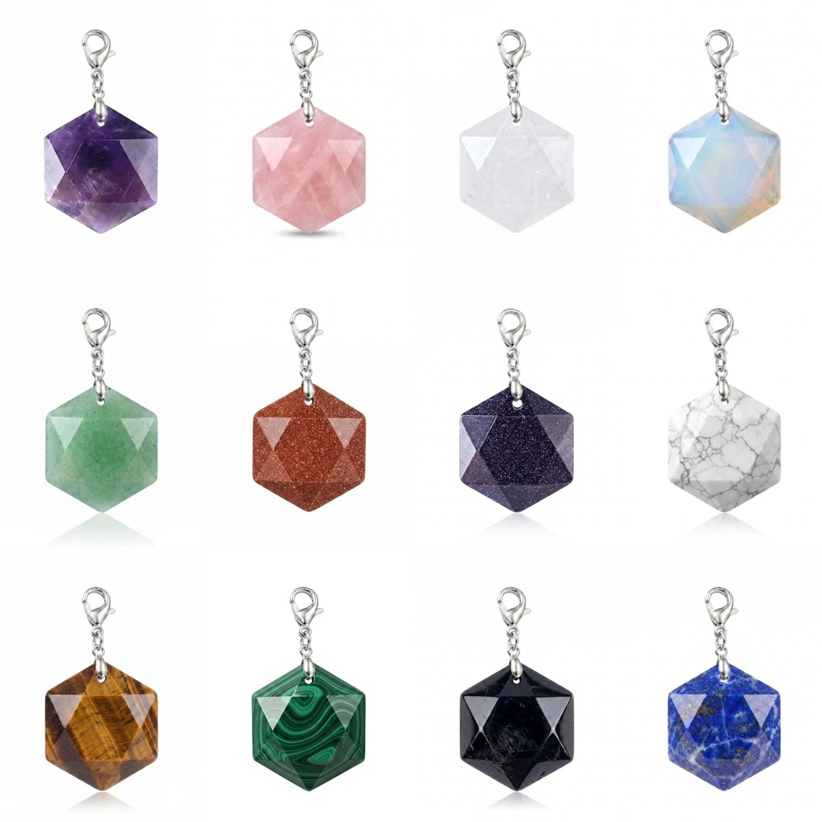 6PCS 22mm Faceted Hexagon Crystal Stone Pendant with Lobster Claw Clasp