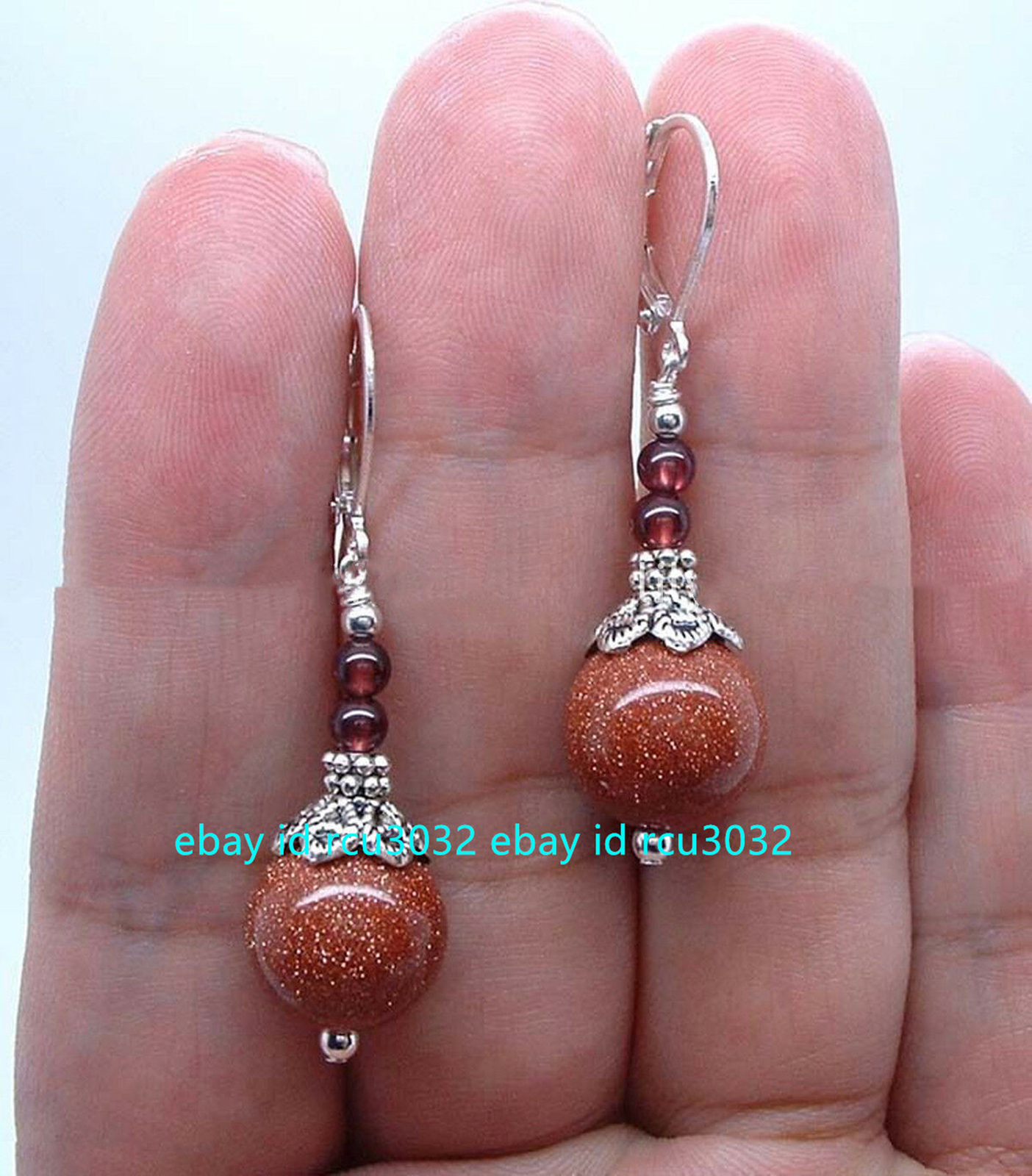 Natural 10mm Gold Sandstone &Garnet Round Gems Silver Dangle Leverback Earrings