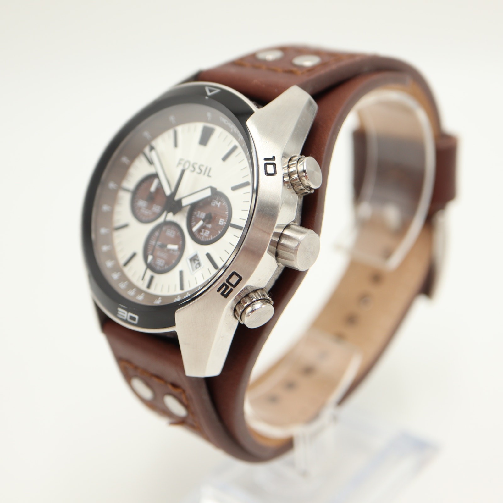 Fossil Coachman Mens Brown 45mm Watch Wood Grain Subs Leather Cuff w New Battery