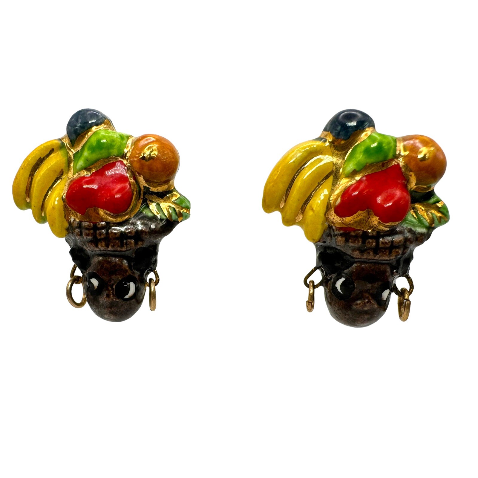 Vtg Ceramic Enamel Carmen Miranda Fruit Headdress Lady Head Clip Earrings