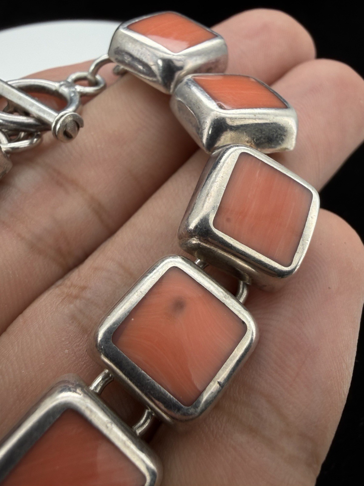 Vintage Mexico Sterling Silver And Inlay Reddish Coral 6.5 Inch Bracelet