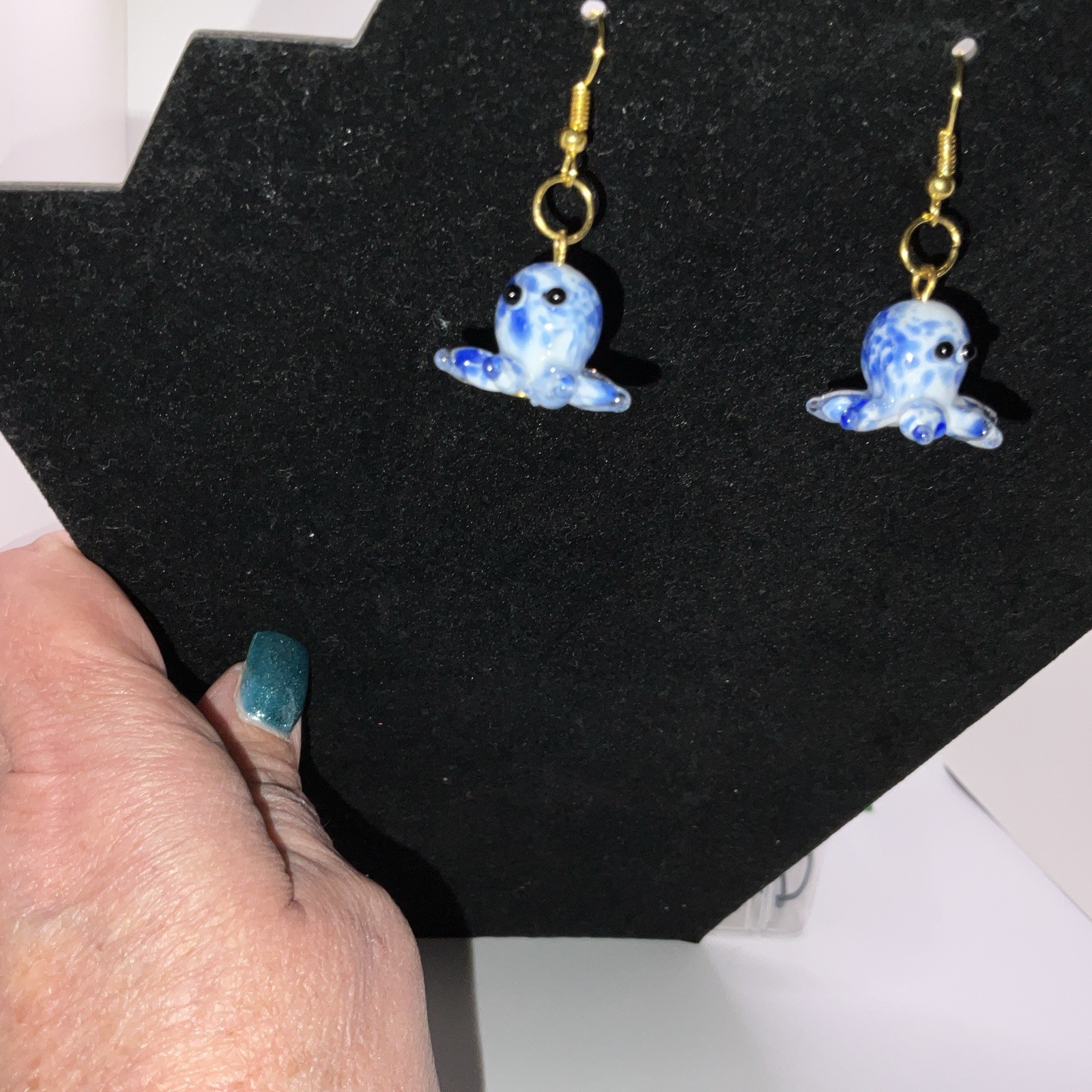 Blue & White Octopus Glass Earrings W/ Backs. Homemade 14k Extra Plated Gold New