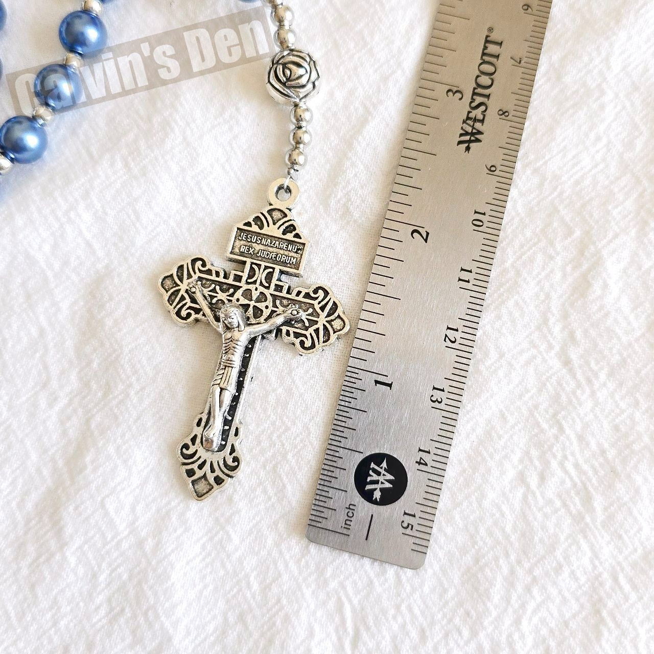 Blue Pearl Bead Rosary Necklace Miraculous Medal Rosebud Crucifix Cross Gift