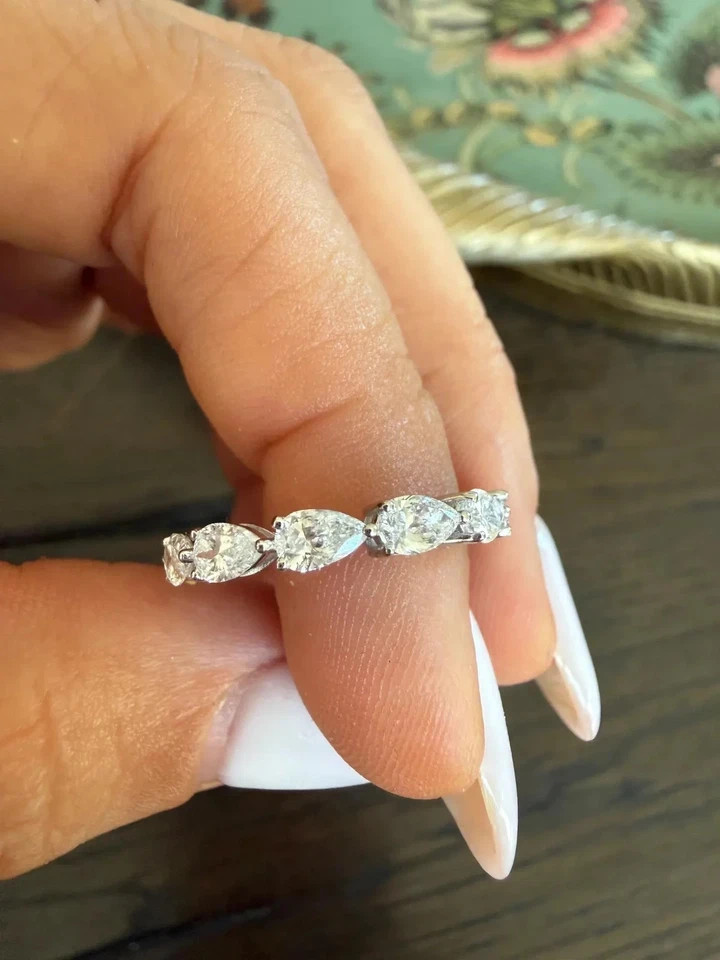2.40Ct EAST-WEST PEAR-Cut Natural Diamond Full Eternity Band 14k White Gold 6 7
