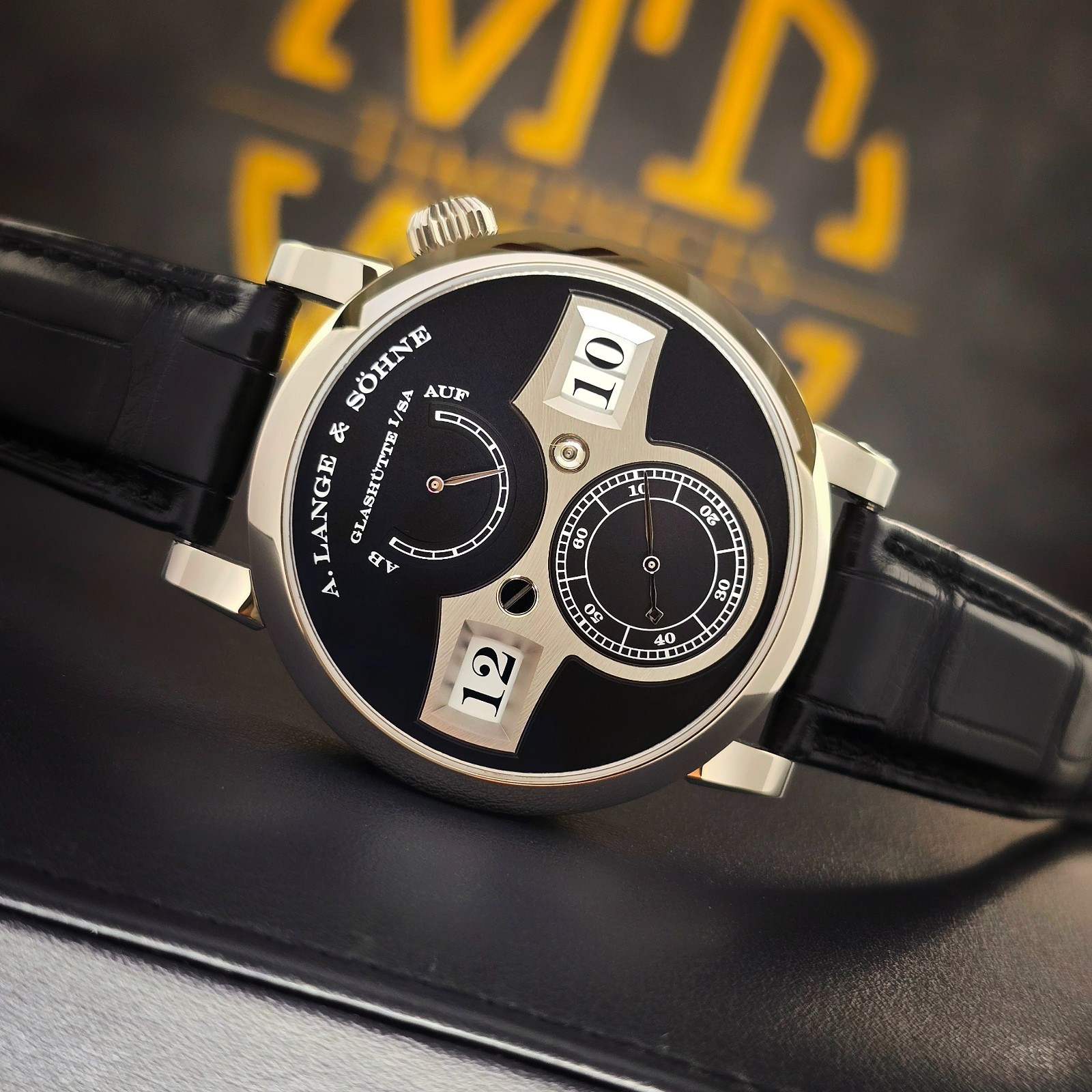 A. LANGE & SOHNE ZEITWERK 140.029 41.9MM 18K WHITE GOLD BLACK DIAL B&P