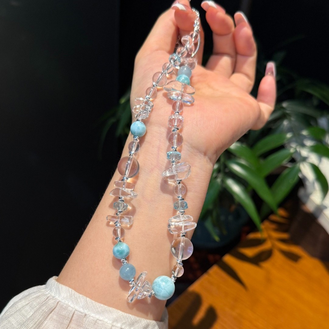 Natural White Crystal with Larimar Original Design Handmade Bracelet