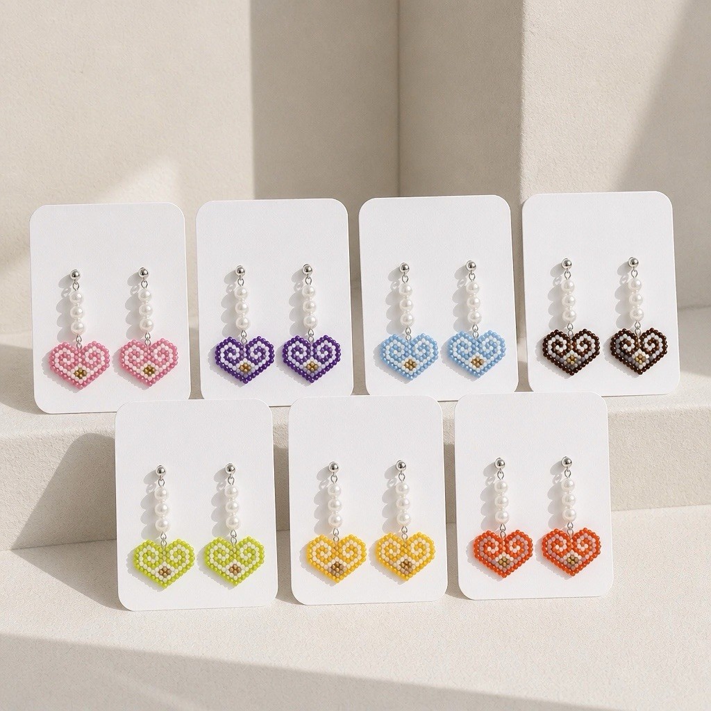 Miyuki Beaded heart Dangle Earrings w/ Simulated Pearl, Butterfly Back.