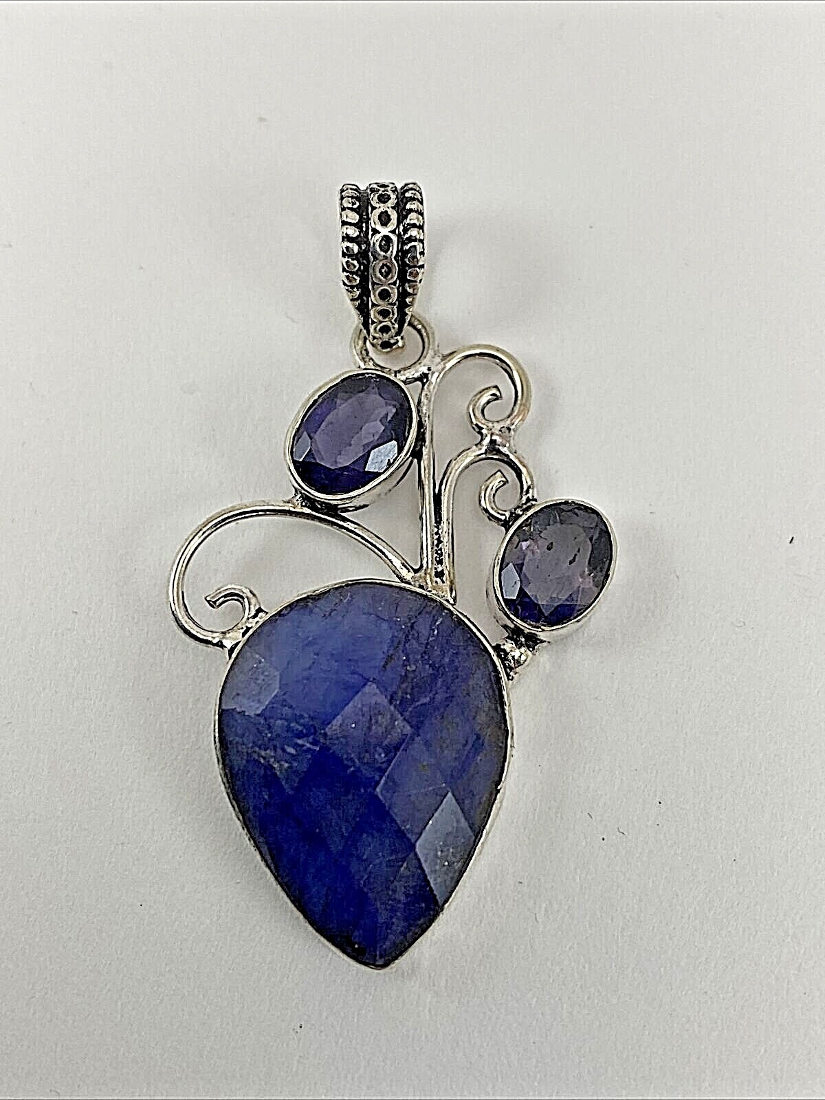 Sterling Silver .925 17mm x 21mm Faceted Pear Sapphire Amethyst Scroll Pendant