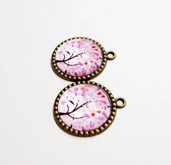 10 Antique Gold Round Colorful Purple Red Glass Tree of Life Pendants 35x30mm