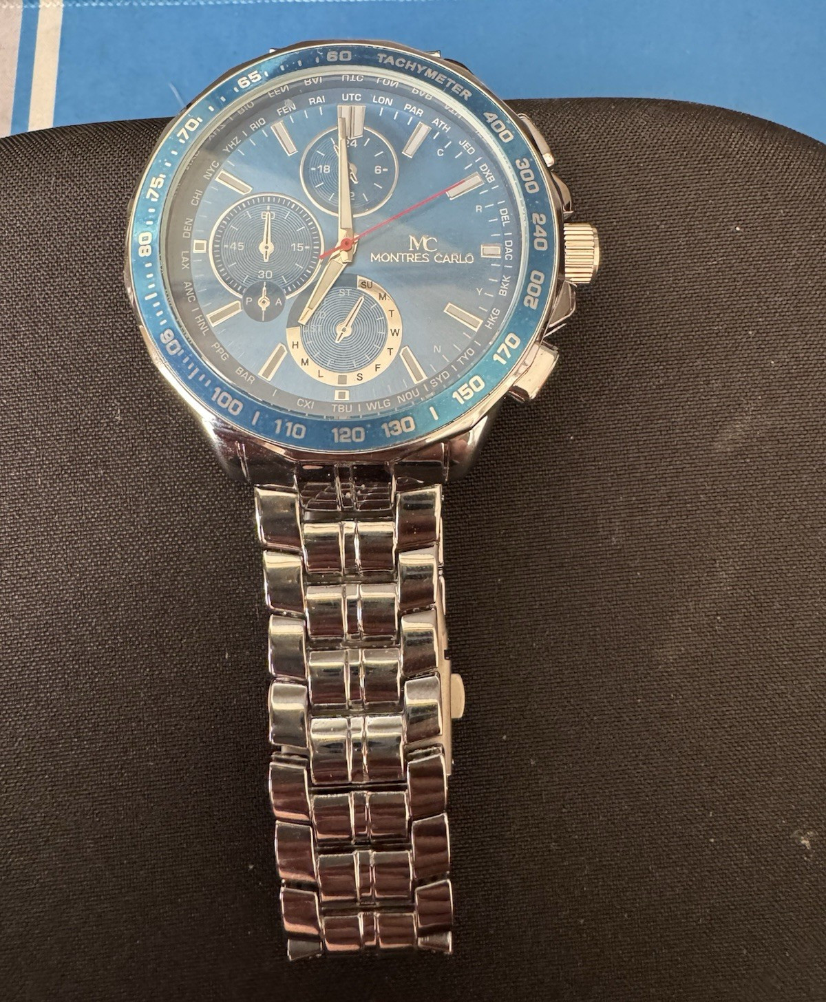Montres Carlo Quartz Chronograph Tachymeter Blue Dial Men’s SS Bracelet Watch