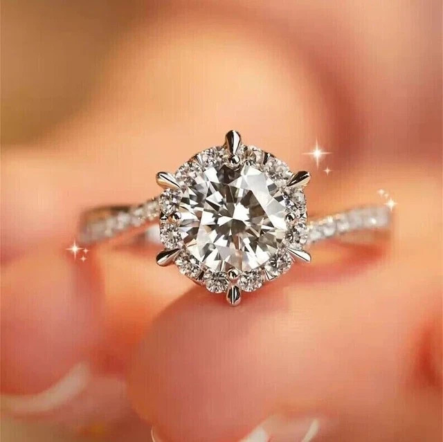 Real Moissanite 3.00Ct Round Cut Engagement Wedding Ring 14K White Gold Plated