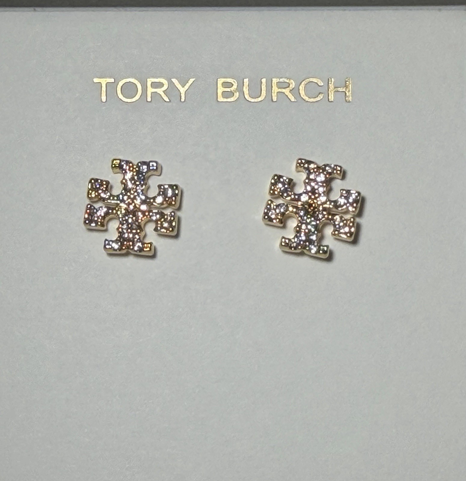 Tory Burch Women’s Gold-Tone Pavé Crystal Logo Stud Earrings.