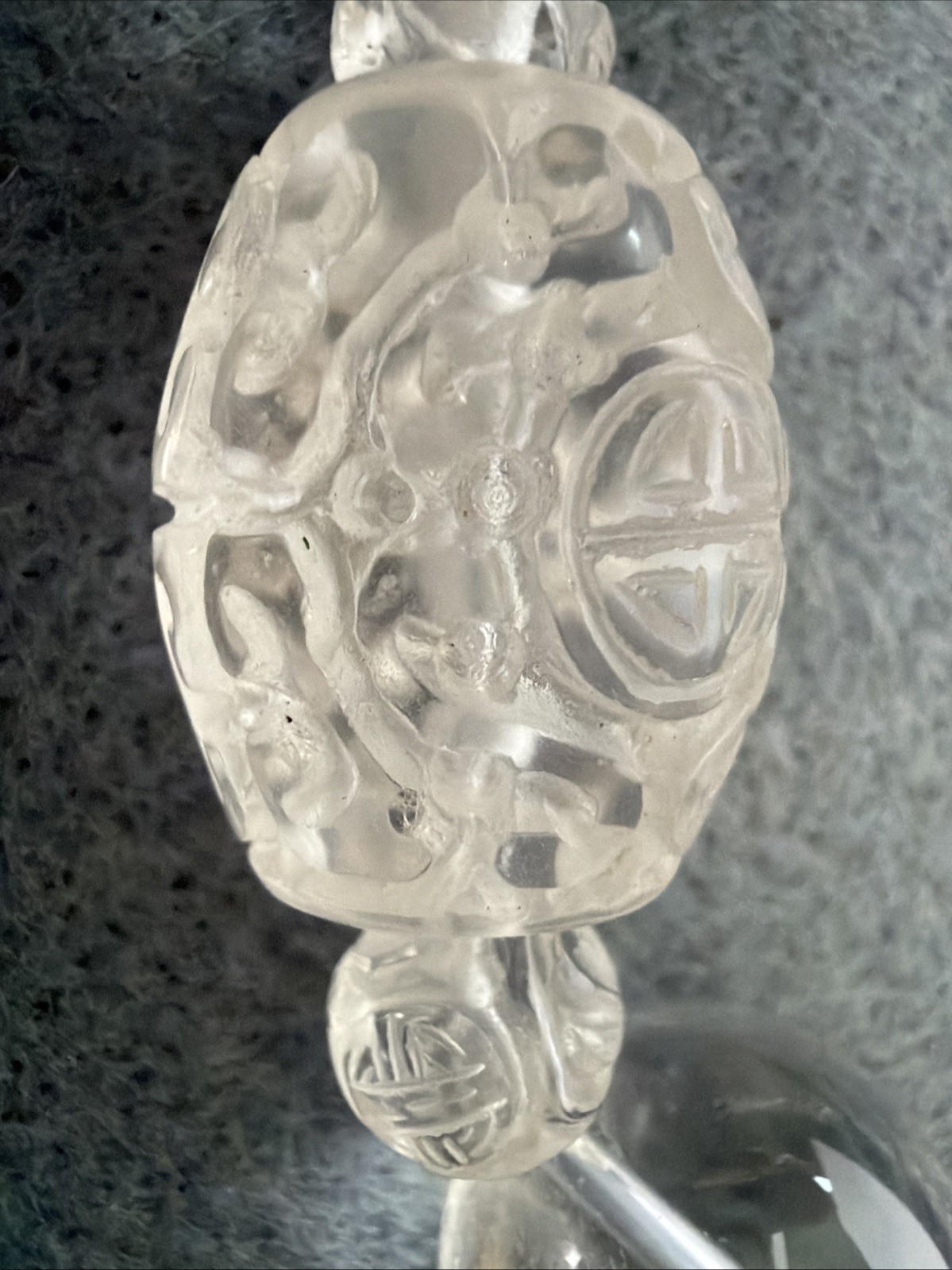 Handcrafted Necklace of Rock Crystal Quartz Beads with Chinese Long Life Symbols