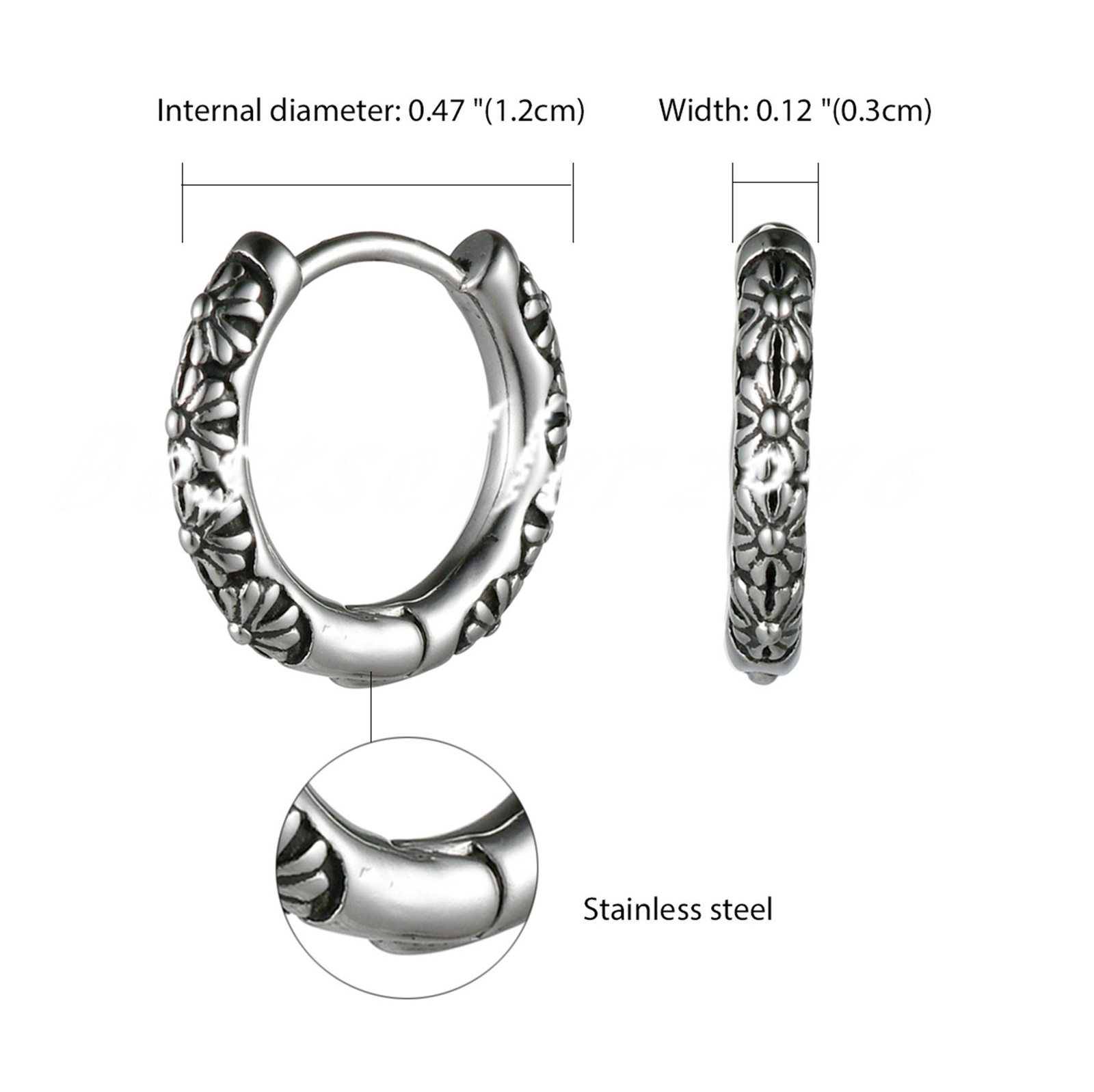 2pcs Mens Womens Punk Stainless Steel Retro Floral Endless Hoop Huggie Earrings