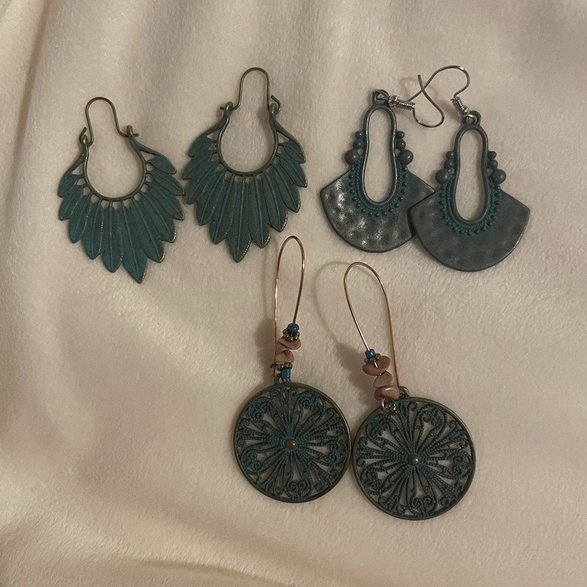 Blue Patina Metal Dangle/Drop Earrings Lot of 3 Pairs Hook Closure No Stone