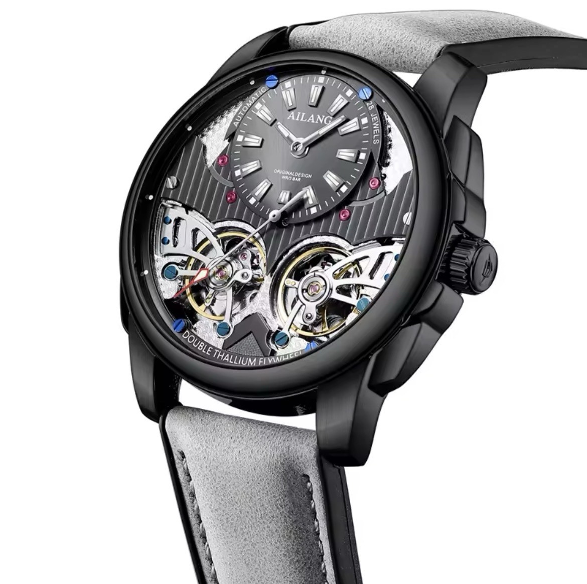 AILANG Men’s Automatic Watch Double Tourbillon Leather Strap Waterproof