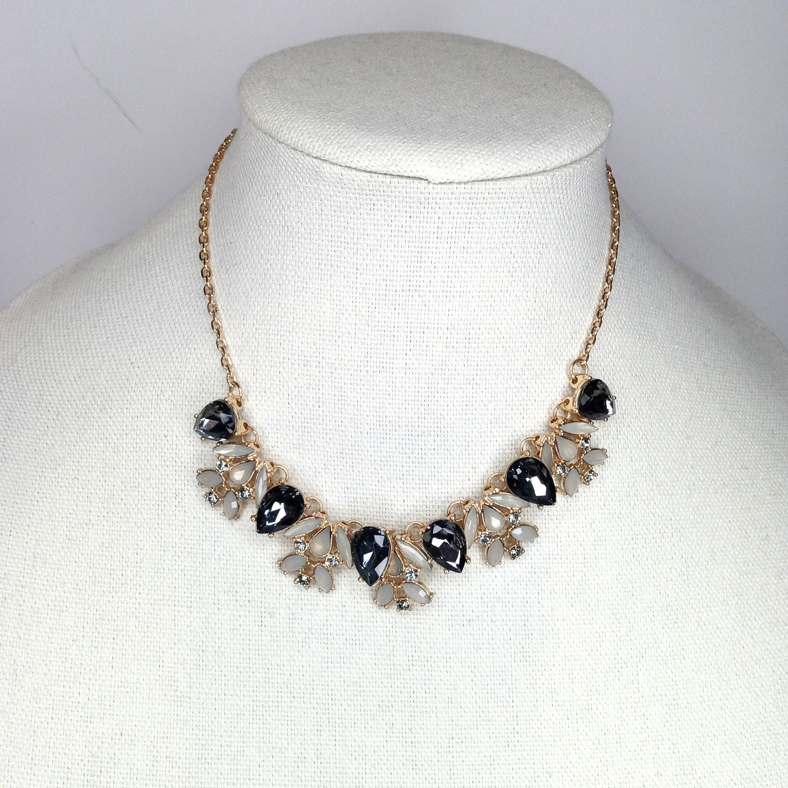 Statement Necklace Gold Tone Smoky Black& Clear Rhinetones Vintage-Inspired Glam