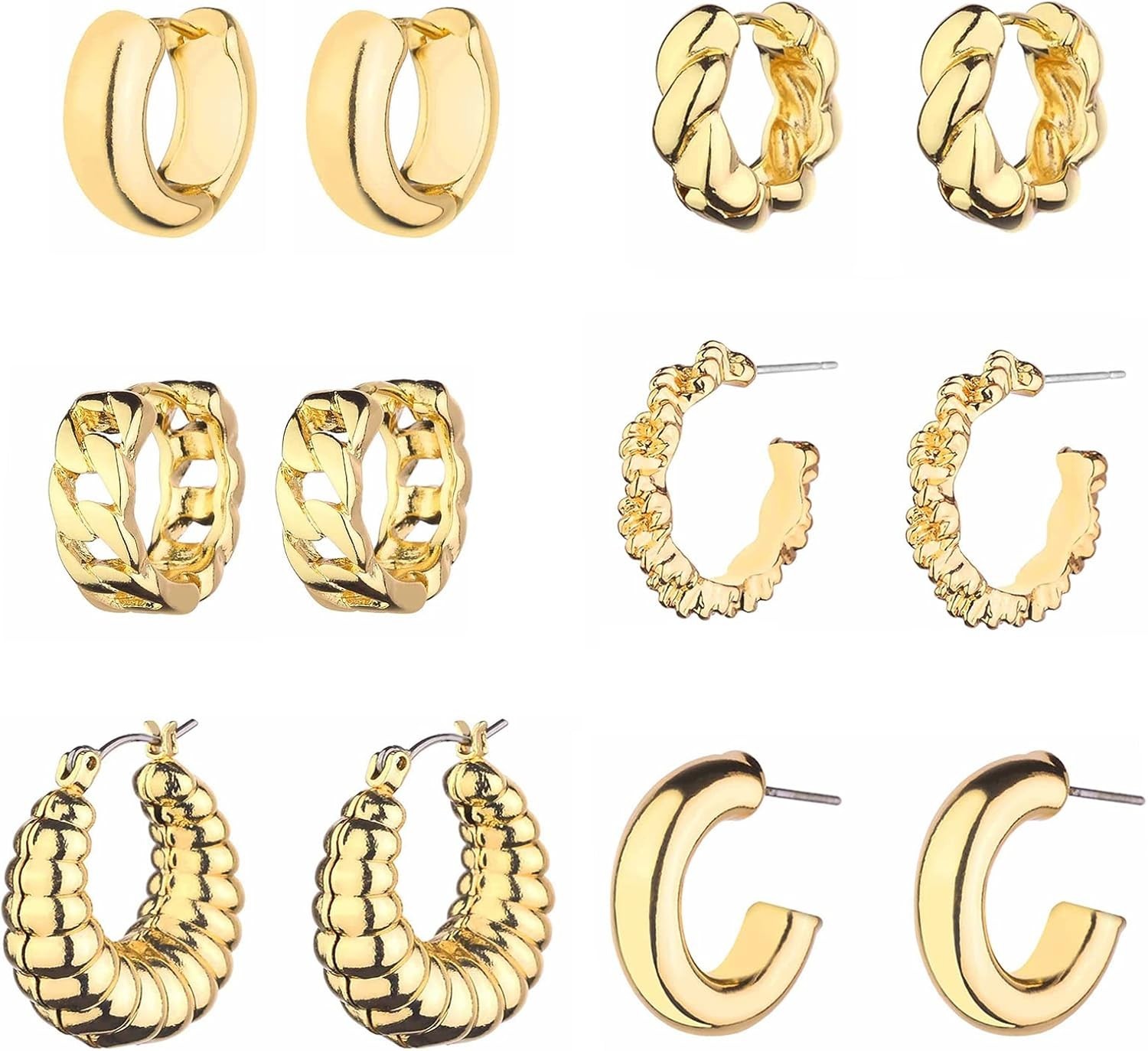 Luxurious 14K Gold Plated Chunky Hoop Earrings – 6 Pairs for Every Occasion