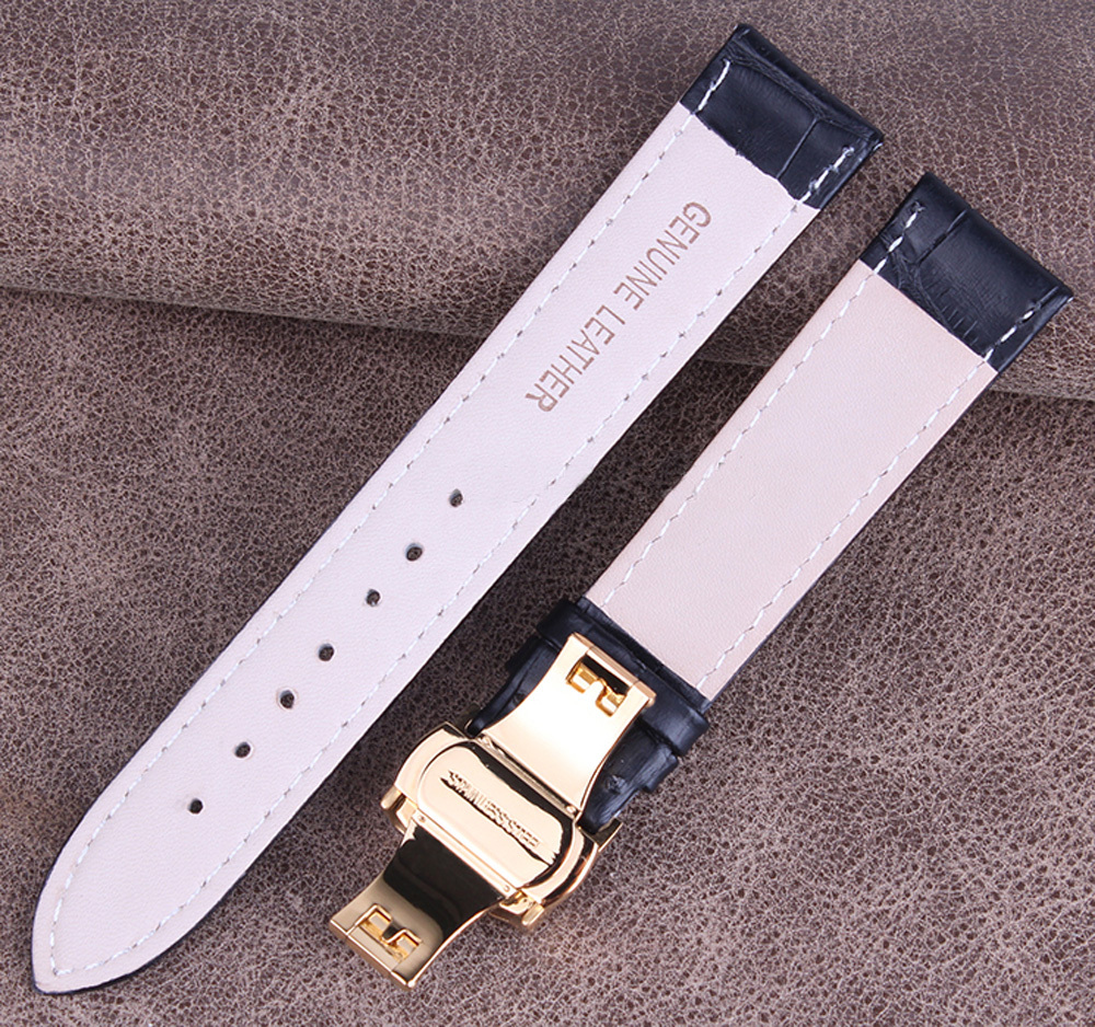 Black Genuine Leather Watch Band+Push Button Butterfly Deployant Clasp Buckle