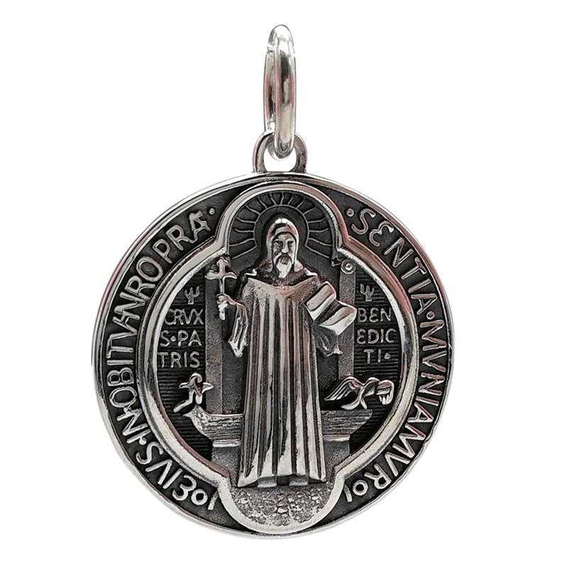 S925 Sterling Silver ST BENEDICT MEDAL Cross Pendant RELIGIOUS Protective Amulet