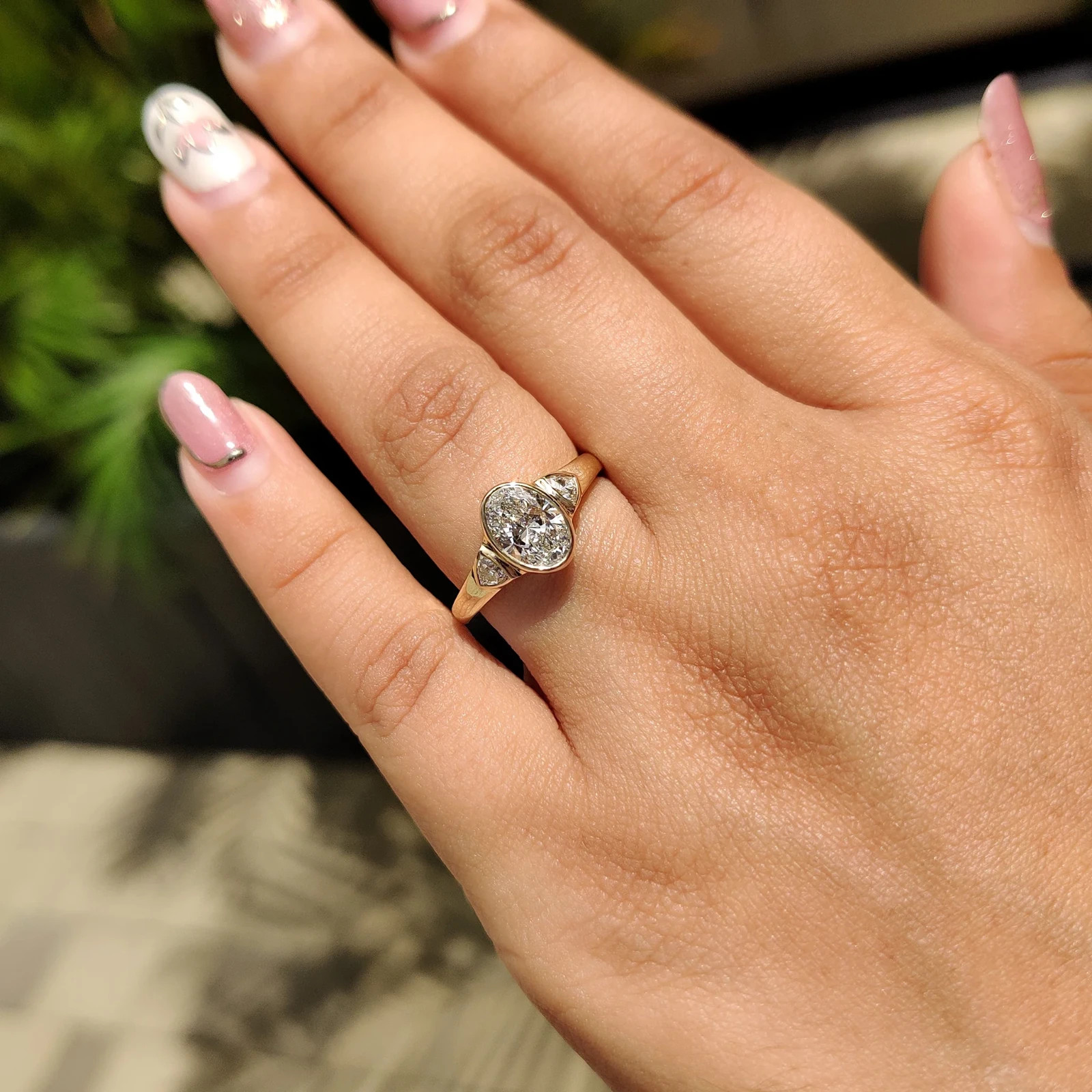 2.00CTOval Bezel Engagement Ring 9K Yellow Gold Lab Grown Diamond Trillion Sides