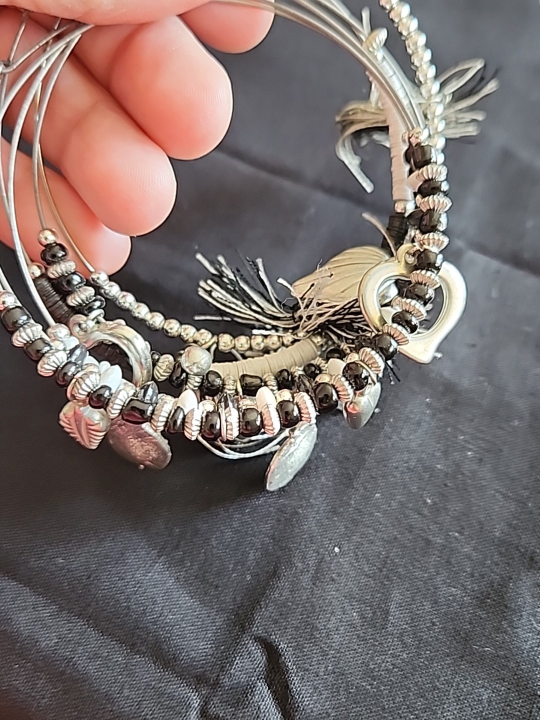 Lot Of 6 Charm Bracelets Sliver Tone Wire Slider Black, White Glass Metal Pretty