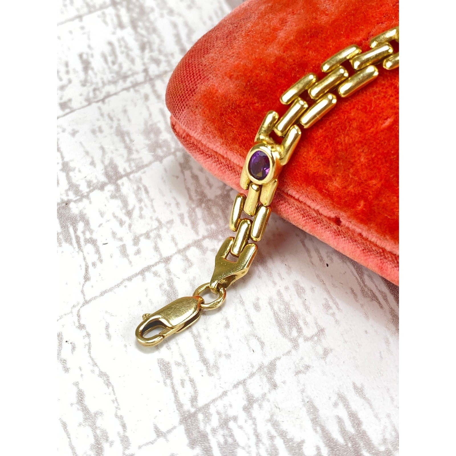 Estate 14k Yellow Gold Panther Link Multi Gemstone Rainbow Bracelet 7.25in