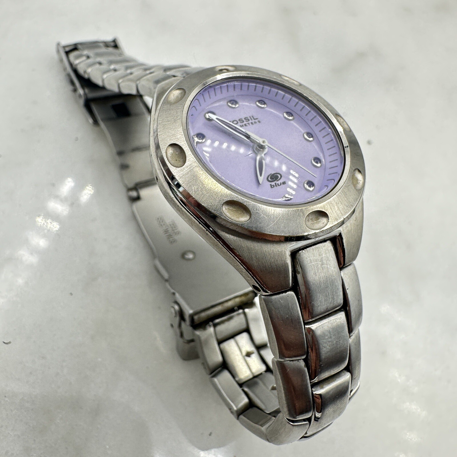 Fossil AM3388 Watch, Purple Dial, Silver Tone, New Battery Sz. 6.25”