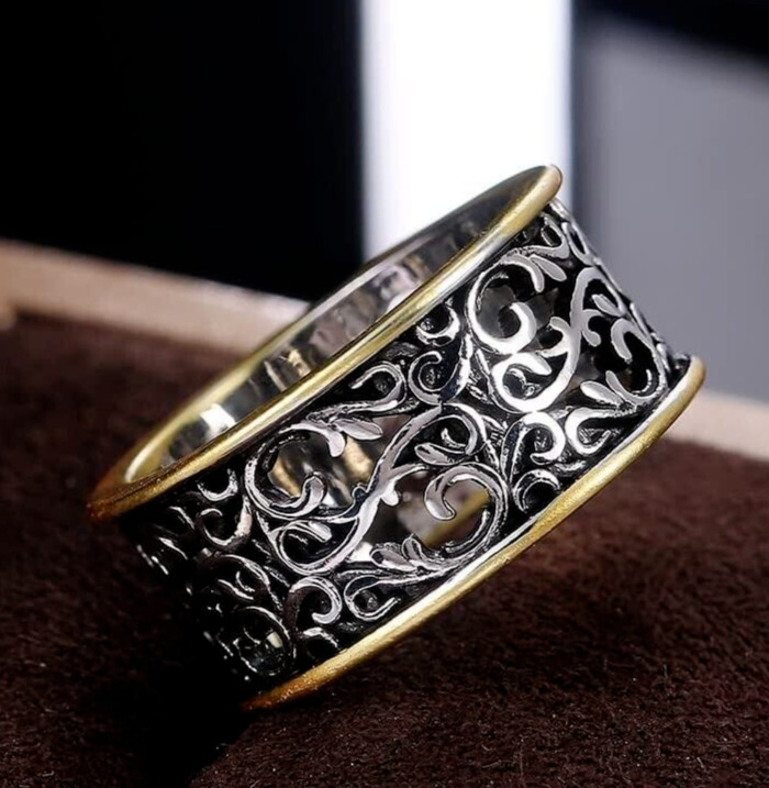 Old Edwardian Valentine Gifts Band Carved Dainty Wide Antique Ring Silver plated