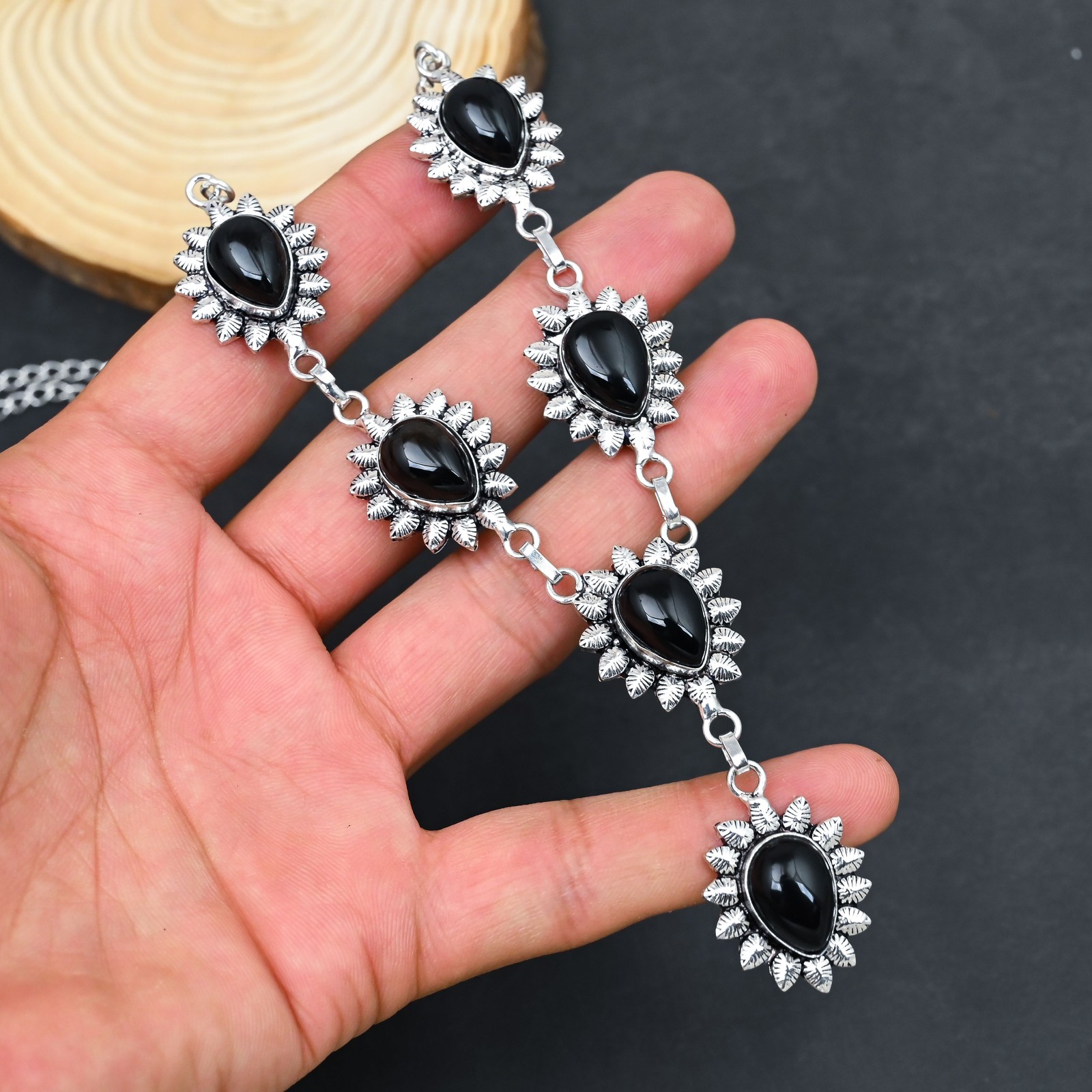 Black Onyx Gemstone Handmade 925 Sterling Silver Jewelry Necklace 17-18″