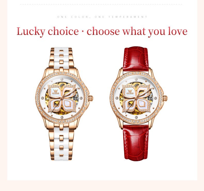 OLEVS 6612 Leather Ceramic Fashion Automatic Female Dress Mechanical Wristwatch
