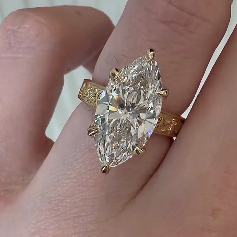 4.21Ctw Marquise Moissanite Engraved Band Engagement Ring 14K Yellow Gold Plated