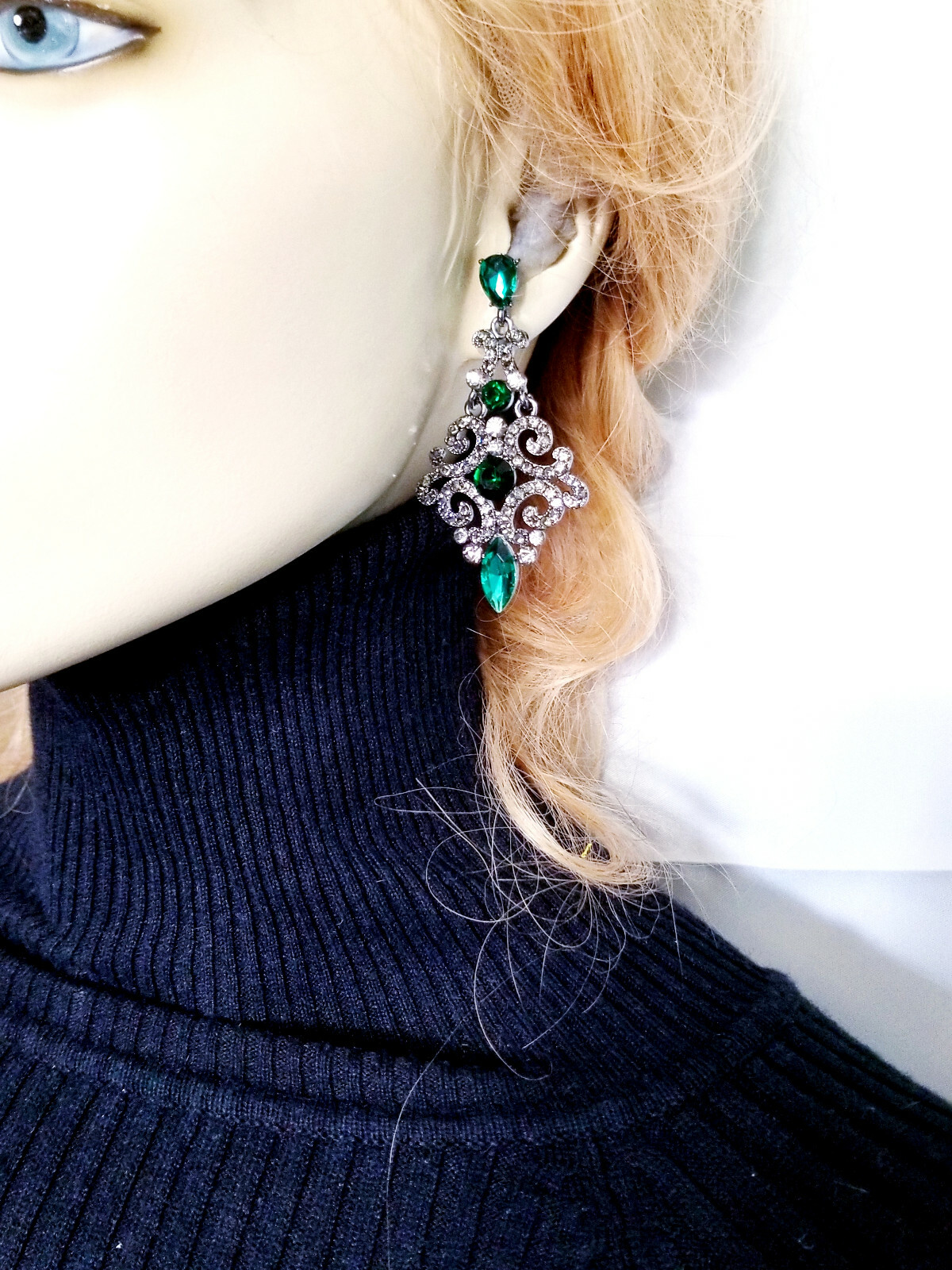 Green Rhinestone Drop Earrings Steampunk Prom Pageant Jewelry 2.8 inch